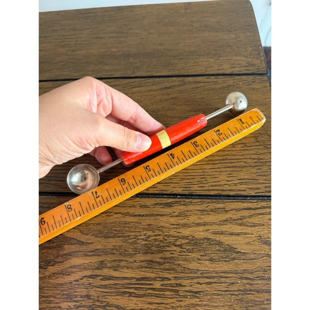 Vintage Double Sided Wood Handle Melon Baller Kitchen Tool Red